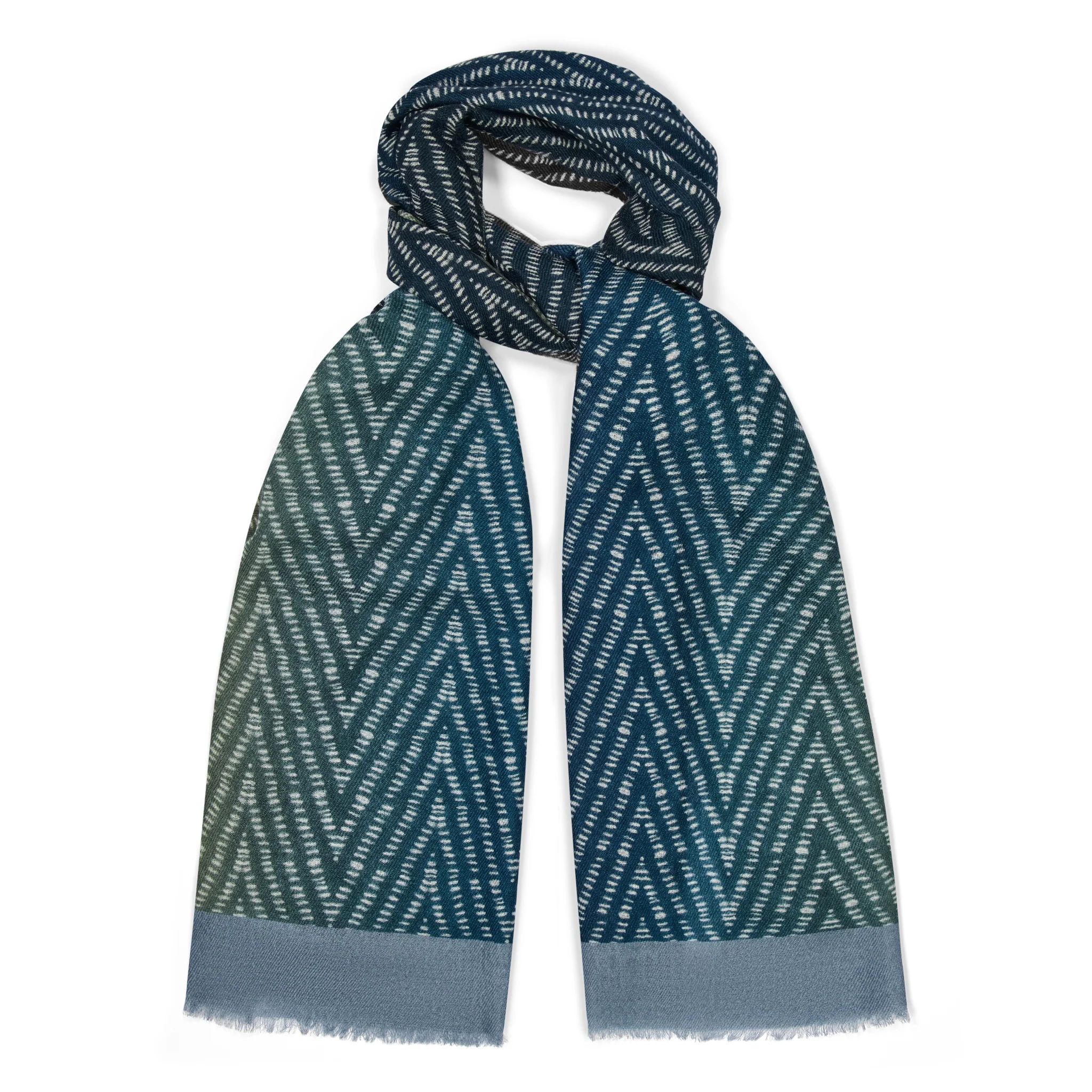 Abstract Herringbone Fine Wool Scarf in Ink Blue