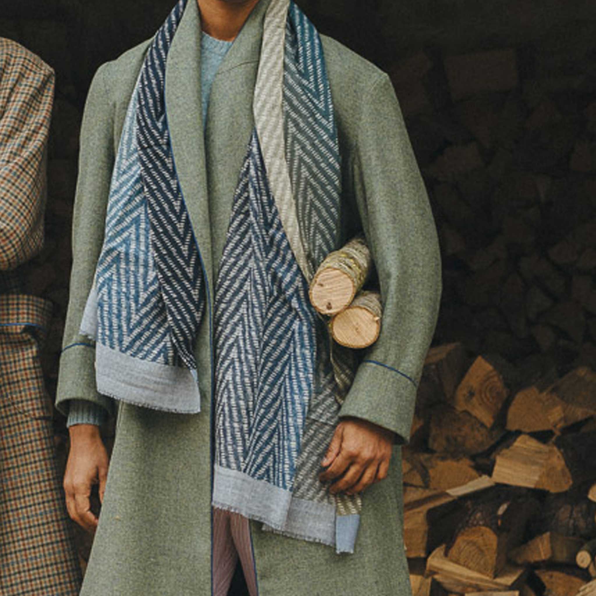 Abstract Herringbone Fine Wool Scarf in Ink Blue - Image 4