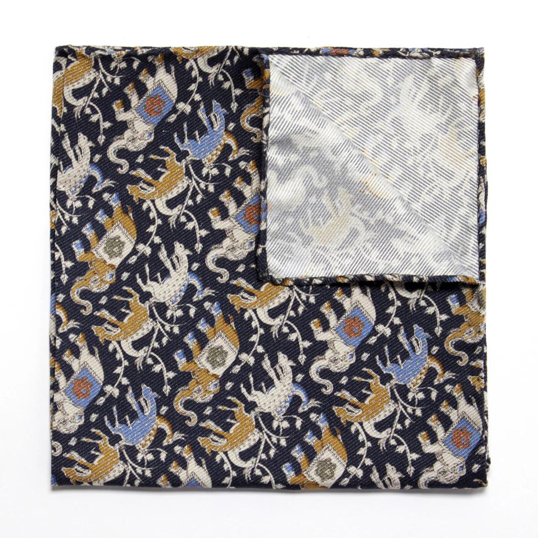 Animal Silk Pocket Square in Navy