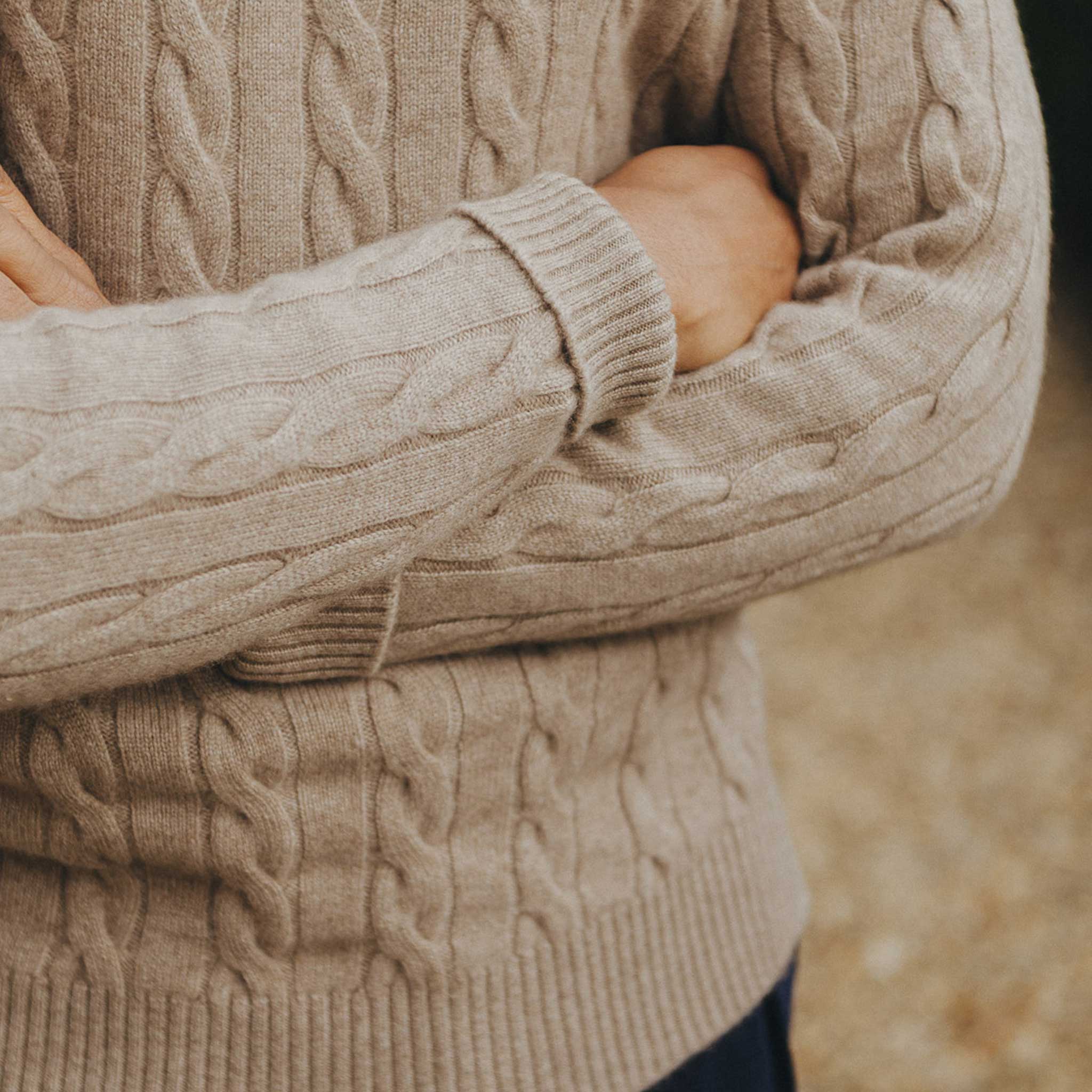 Bowhill Scottish Cashmere Cable Knit Jumper in Stoneage Beige - Image 3