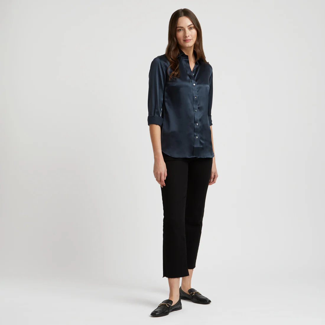 Buddette Silk Button Cuff Shirt in Indian Ink - Image 4
