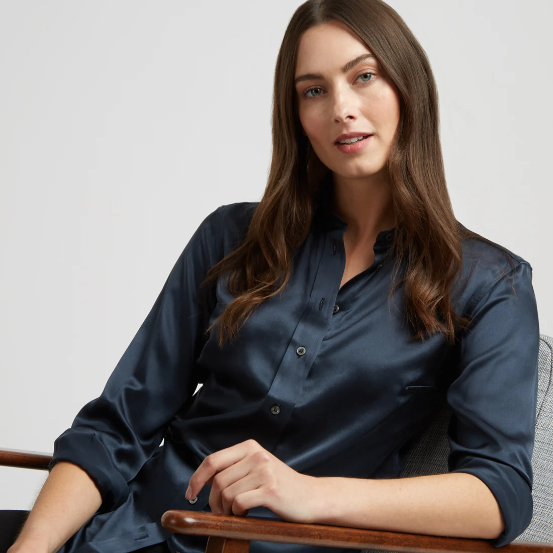 Buddette Silk Button Cuff Shirt in Indian Ink - Image 5