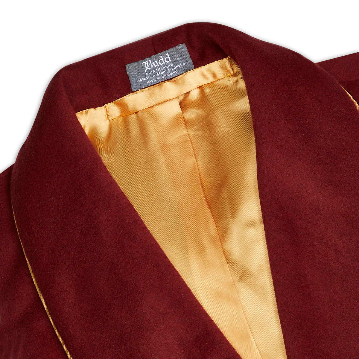 Cashmere and Wool Satin Lined Dressing Gown in Deep Red and Gold - Image 2