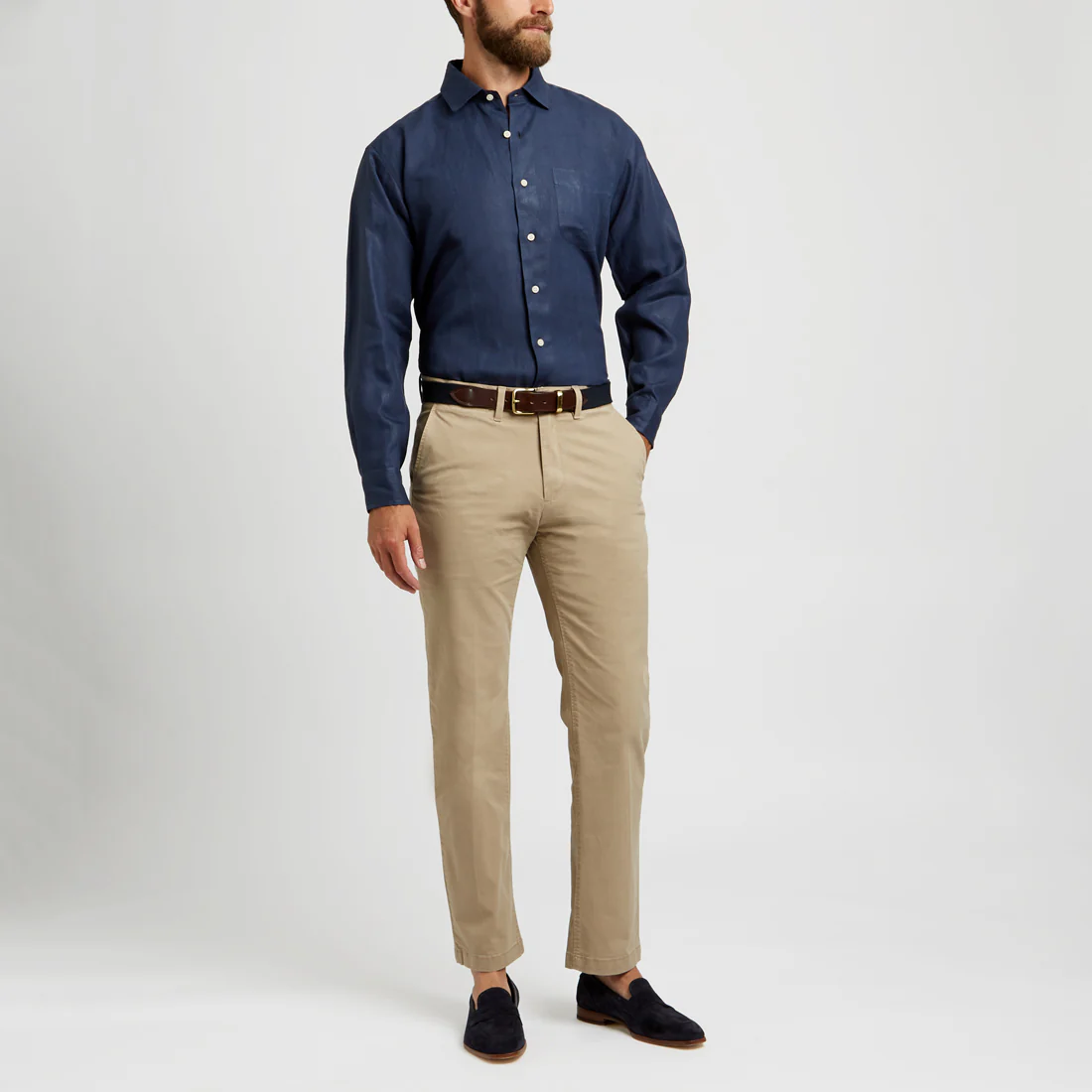 Casual Fit Plain Linen Button Cuff Shirt in Navy - Image 4