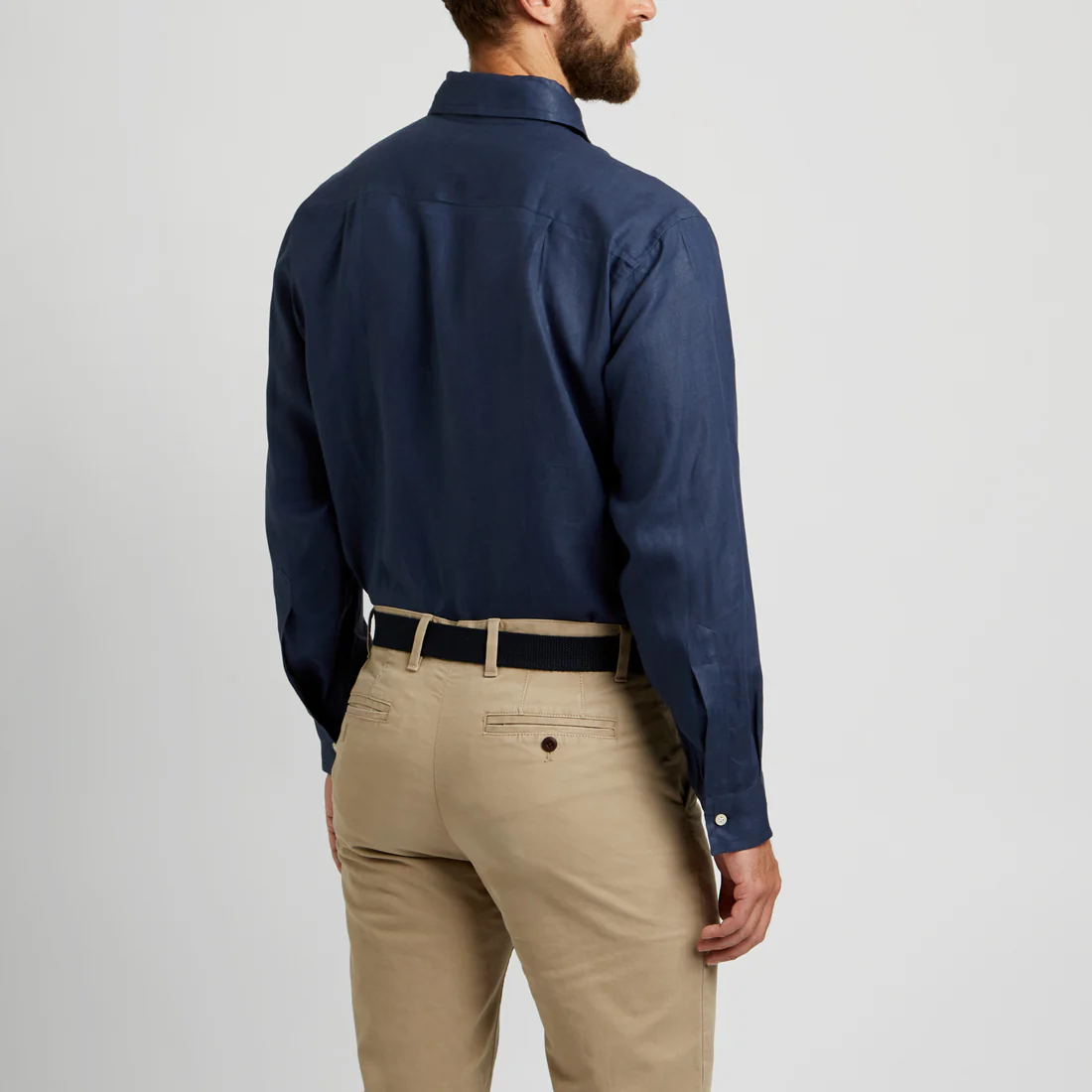 Casual Fit Plain Linen Button Cuff Shirt in Navy - Image 5
