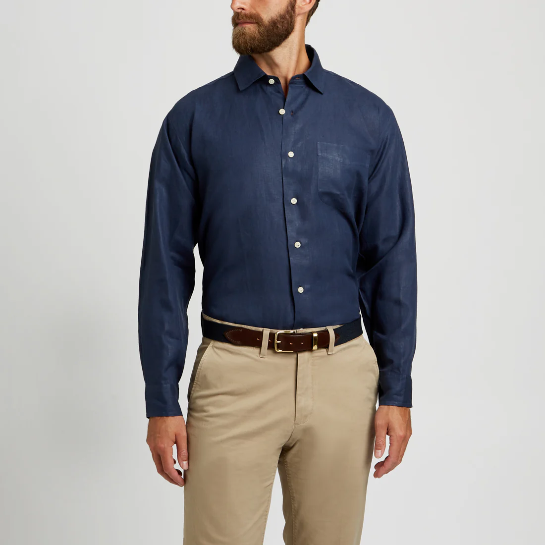 Casual Fit Plain Linen Button Cuff Shirt in Navy - Image 6