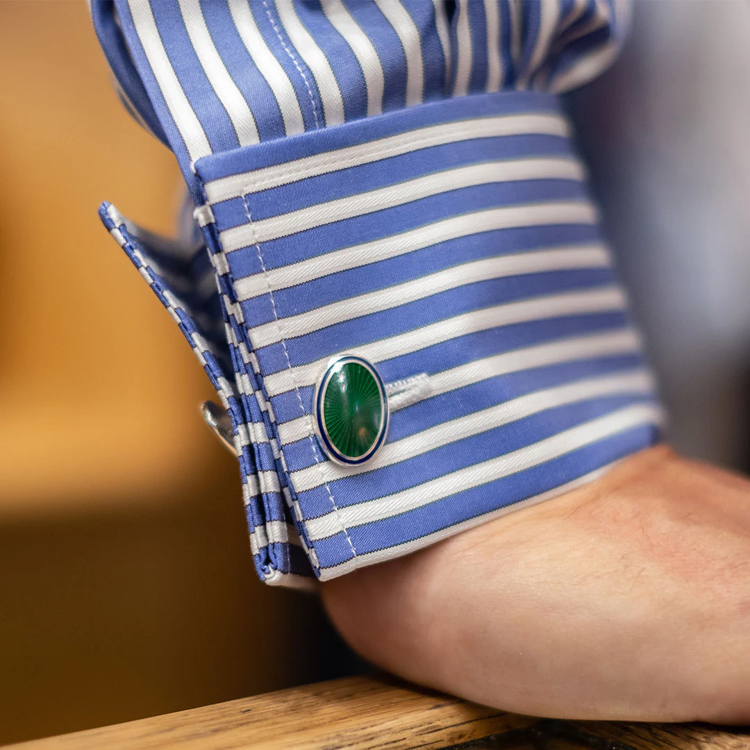 Classic Fit Exclusive Budd Stripe Double Cuff Shirt in Edwardian Blue - Image 6