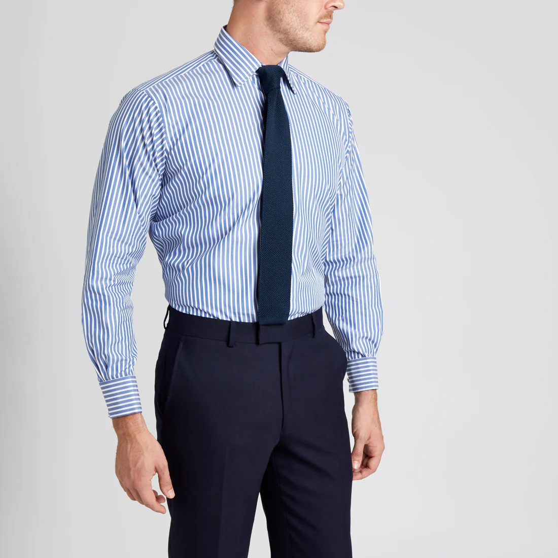 Classic Fit Exclusive Budd Stripe Double Cuff Shirt in Edwardian Blue - Image 8