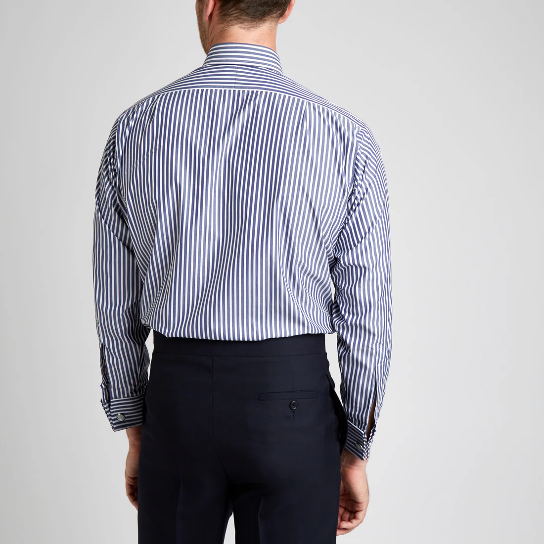 Classic Fit Exclusive Budd Stripe Double Cuff Shirt in Navy - Image 6