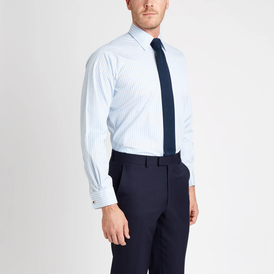 Classic Fit Exclusive Budd Stripe Double Cuff Shirt in Sky Blue - Image 8