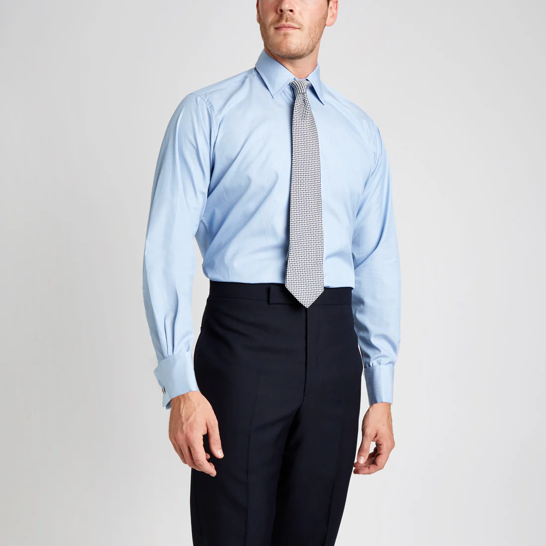Classic Fit Exclusive End on End Sea Island Cotton Double Cuff in Blue - Image 3