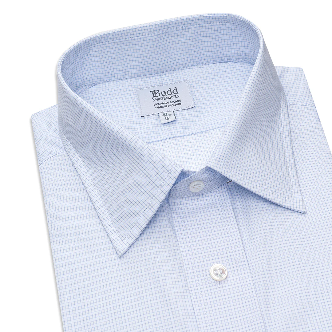 Classic Fit Grid Check Superpoplin Double Cuff Shirt in Sky Blue - Image 2