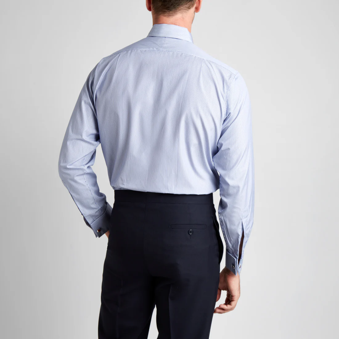 Classic Fit Neat Stripe Poplin Double Cuff Shirt in Navy - Image 6