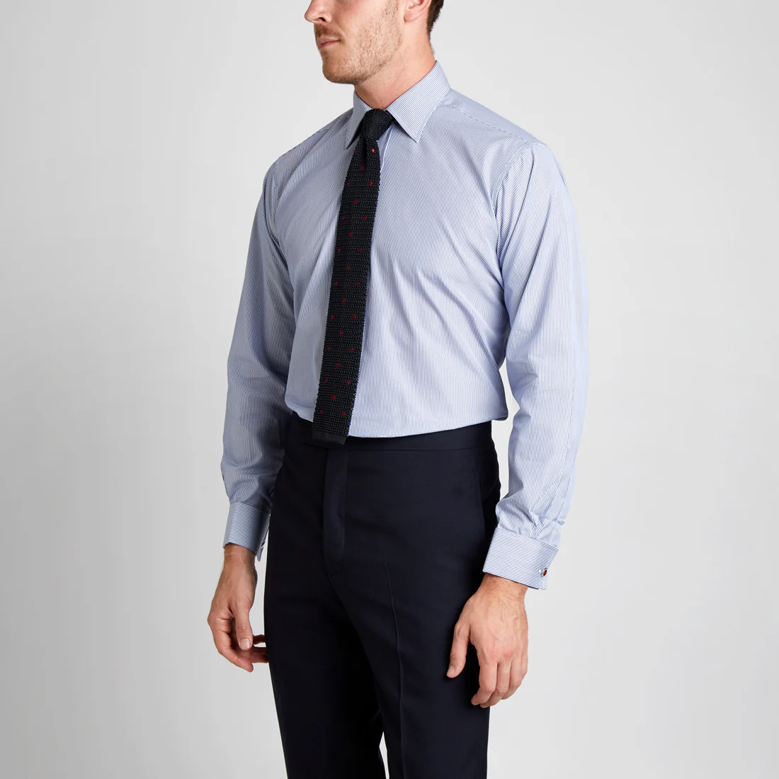 Classic Fit Neat Stripe Poplin Double Cuff Shirt in Navy - Image 7