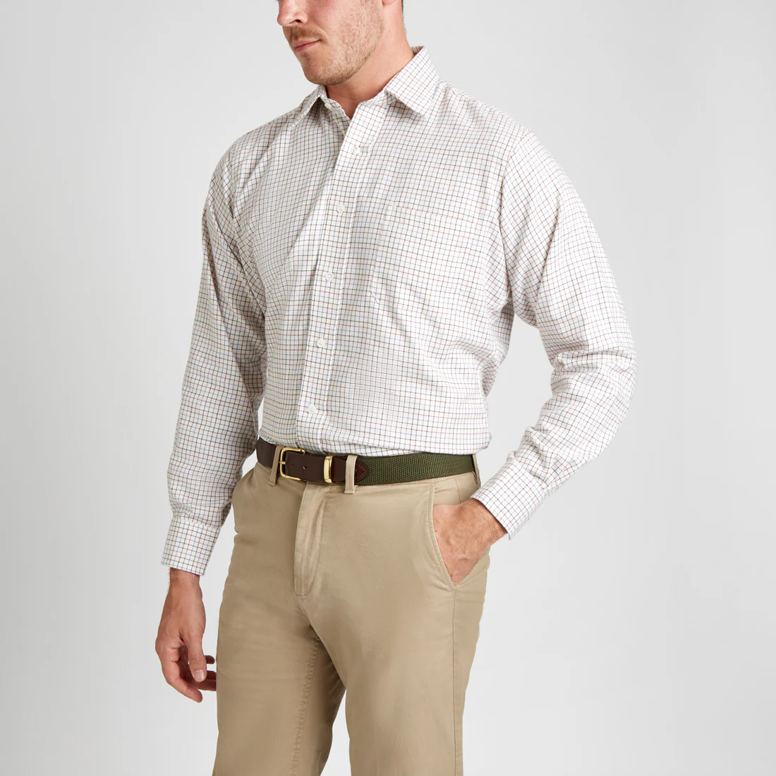Classic Fit Petworth Check Cashmere and Cotton Shirt in Red - Image 4