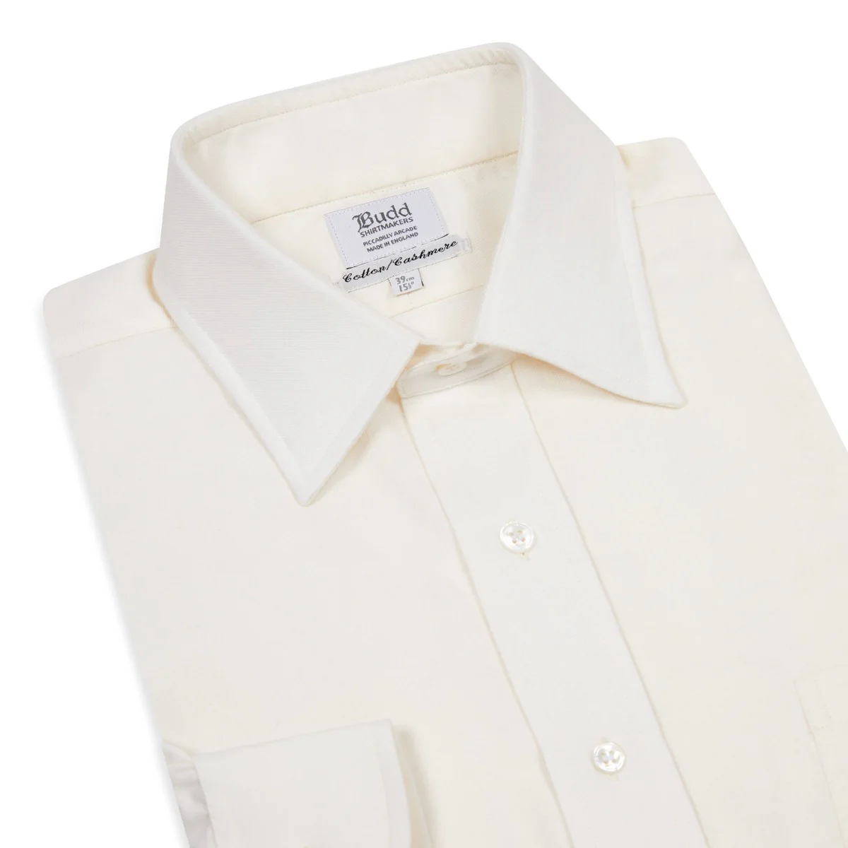 Classic Fit Plain Cotton and Cashmere Button Cuff Shirt in Cream - Image 2