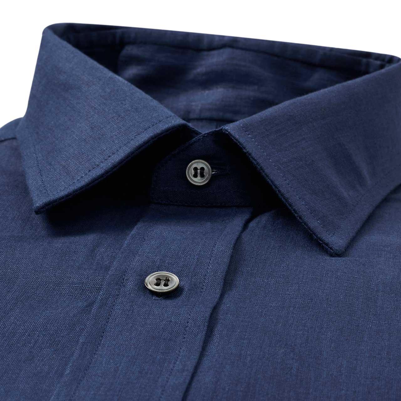 Classic Fit Plain Linen Button Cuff Shirt in Navy - Image 3