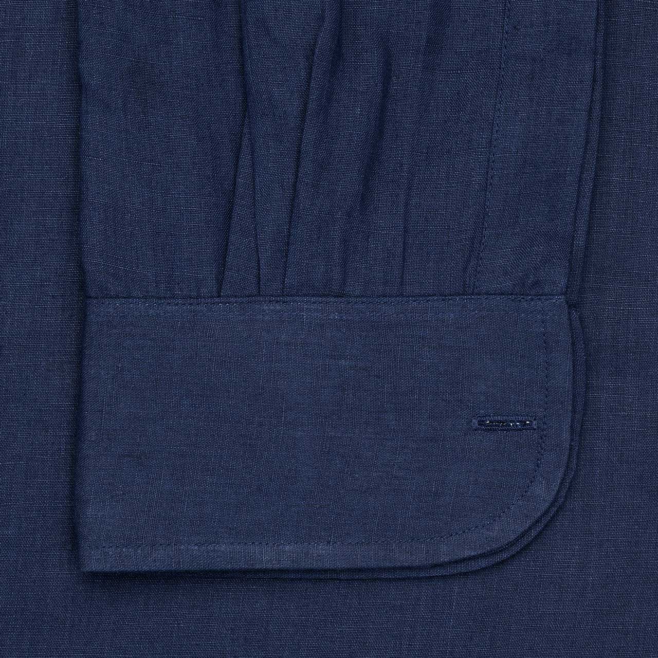 Classic Fit Plain Linen Button Cuff Shirt in Navy - Image 4