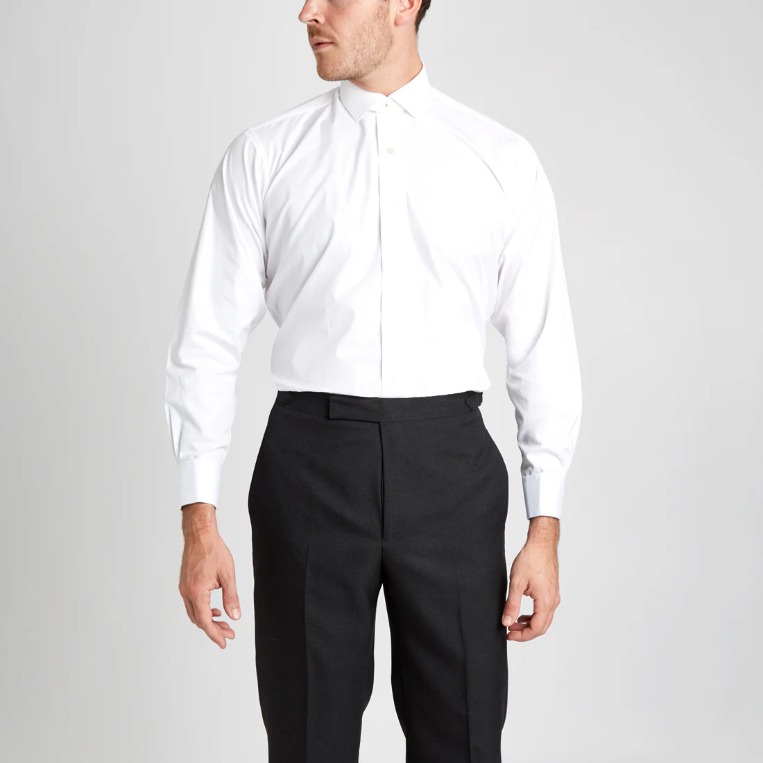 Classic Fit Plain Neckband Poplin Double Cuff Shirt in White - Image 5