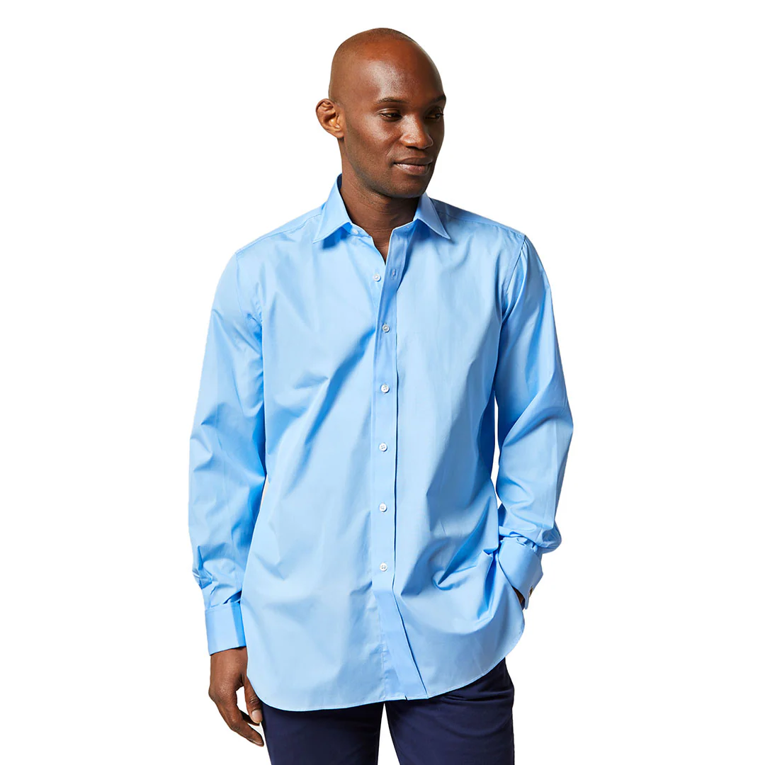 Classic Fit Plain Poplin Double Cuff Bank Collar Shirt in Cornflower - Image 4