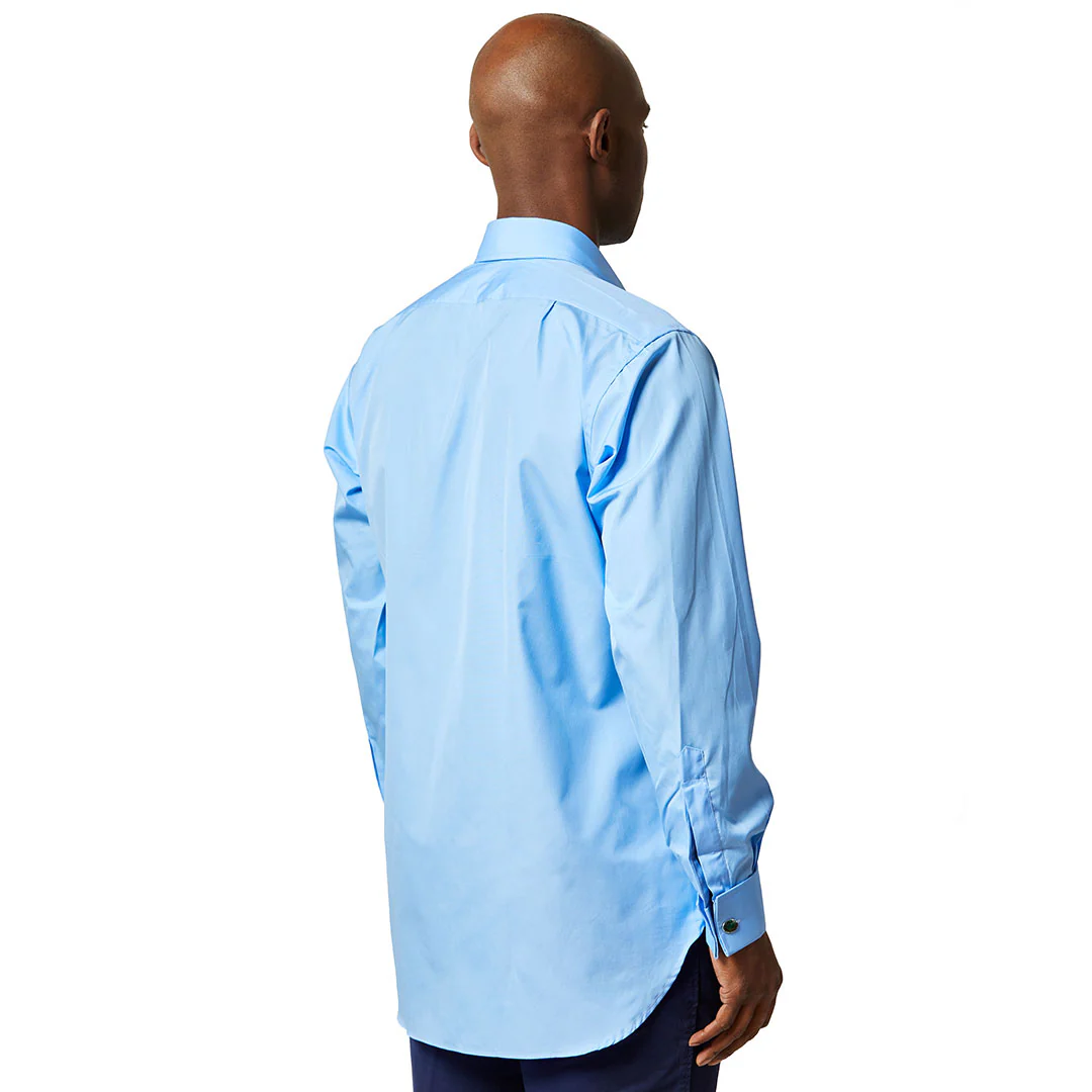 Classic Fit Plain Poplin Double Cuff Bank Collar Shirt in Cornflower - Image 5