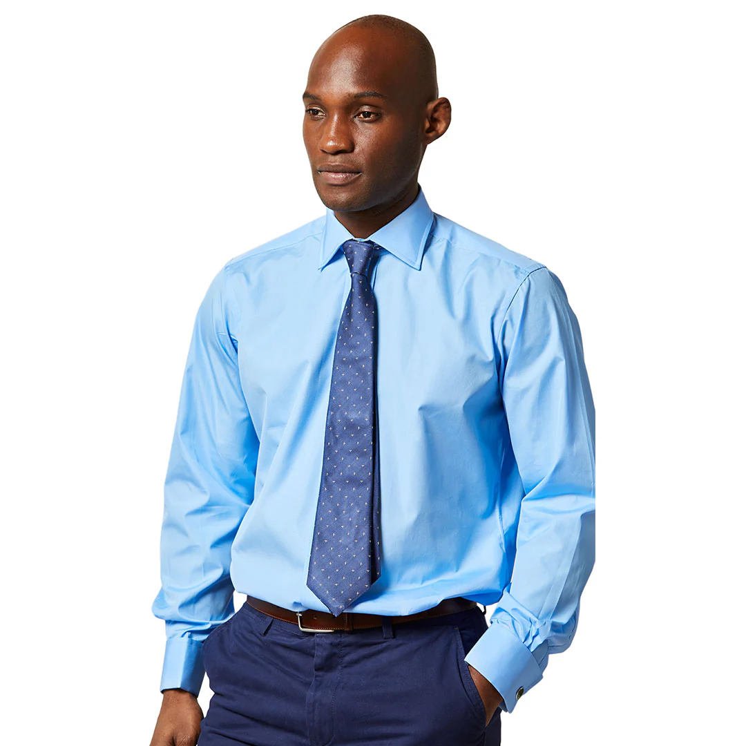 Classic Fit Plain Poplin Double Cuff Bank Collar Shirt in Cornflower - Image 7