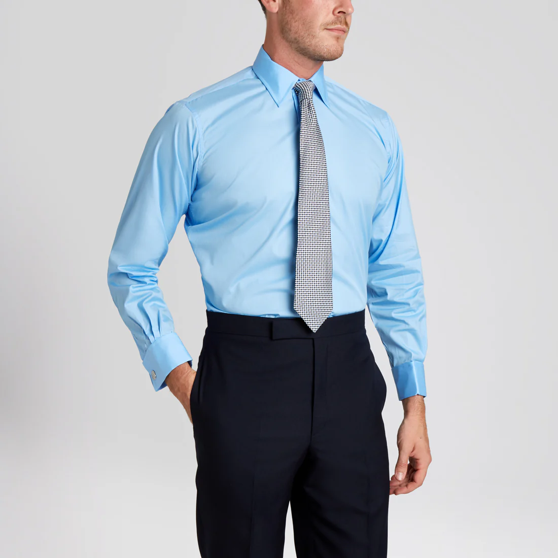Classic Fit Swiss Poplin Double Cuff Shirt in Cornflower - Image 8