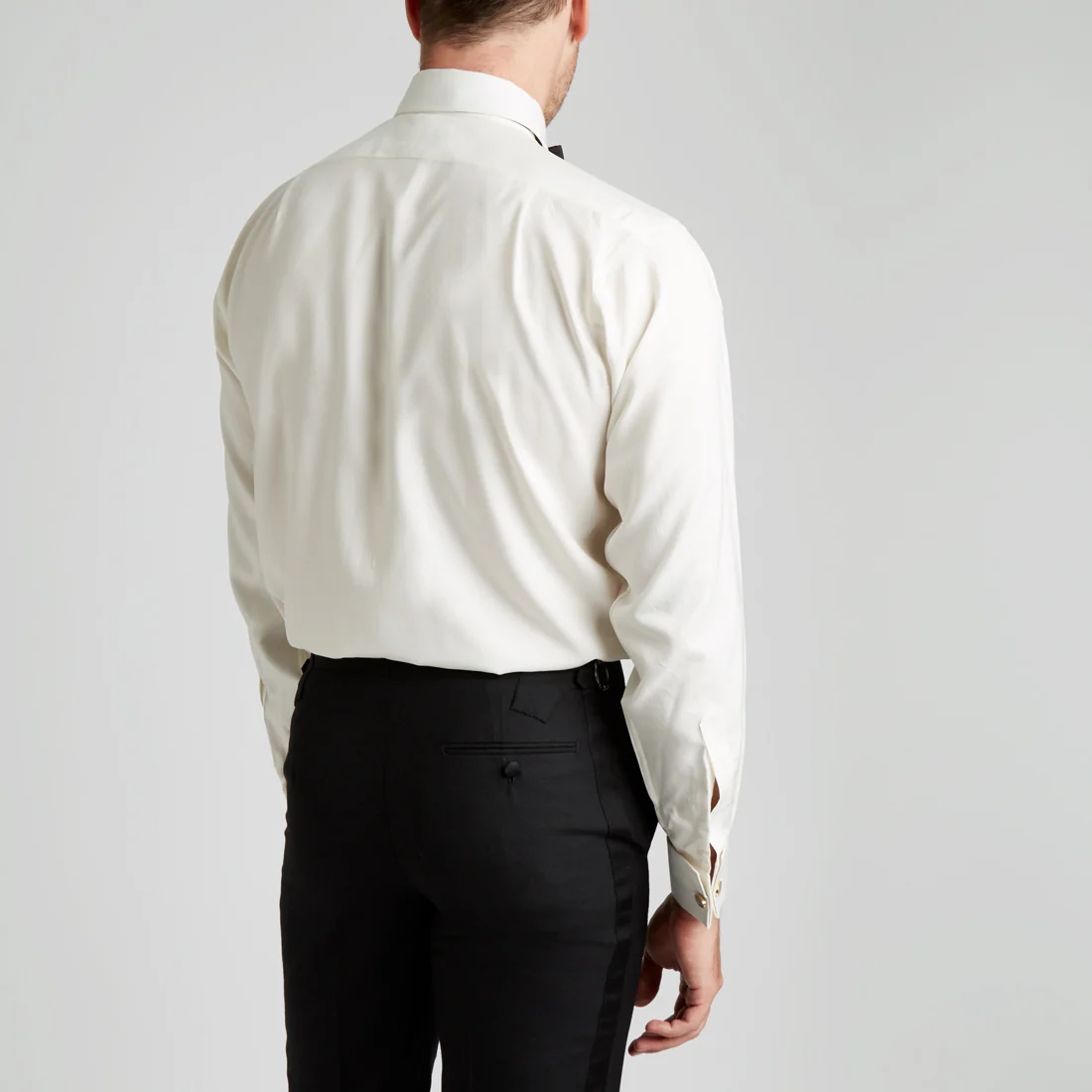 Classic Fit Plain Silk Double Cuff Dress Shirt in Cream - Image 4