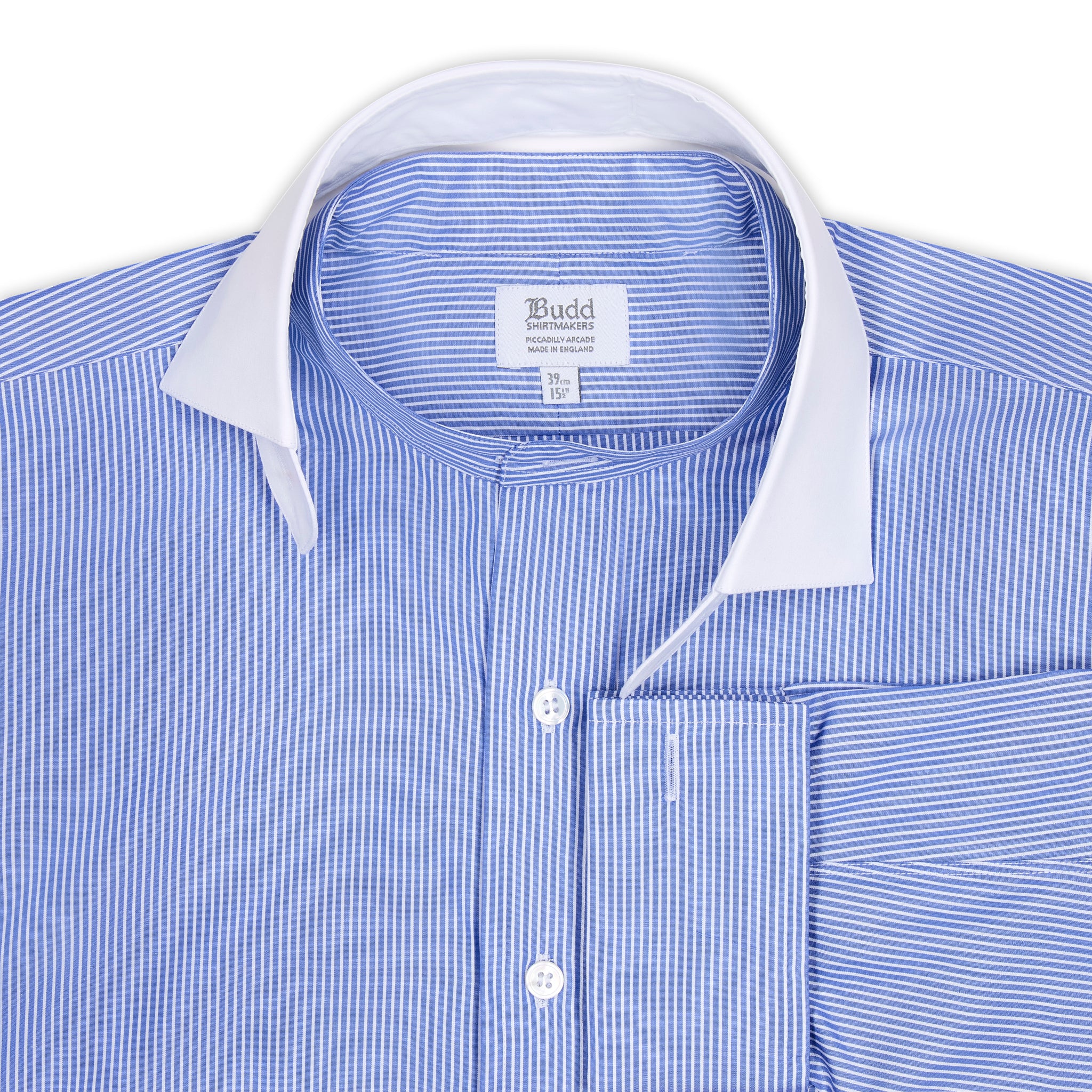 Classic Fit Stripe Poplin Formal Neckband Shirt in Blue - Image 3