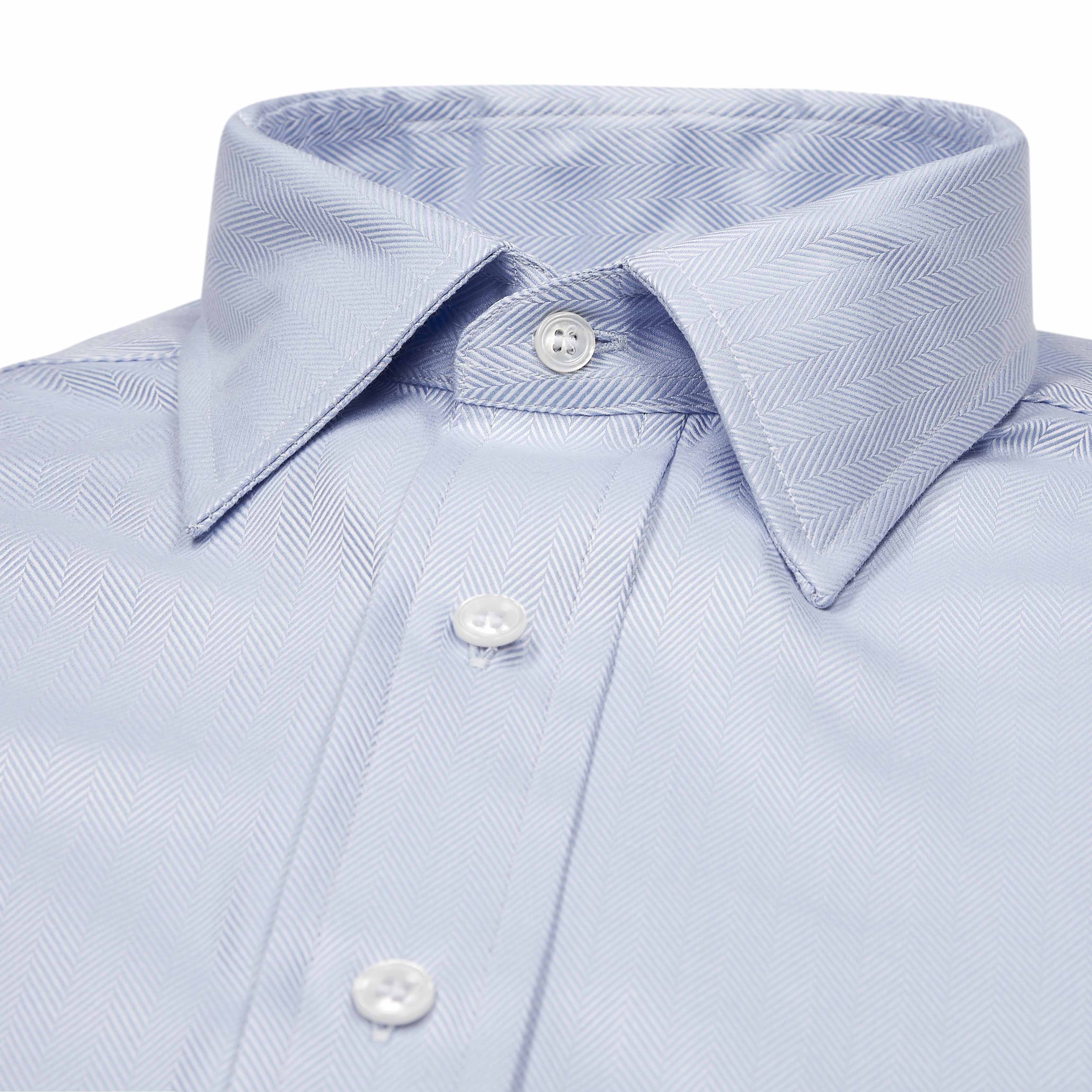 Classic Fit Wide Herringbone Double Cuff Shirt in Sky Blue - Image 4