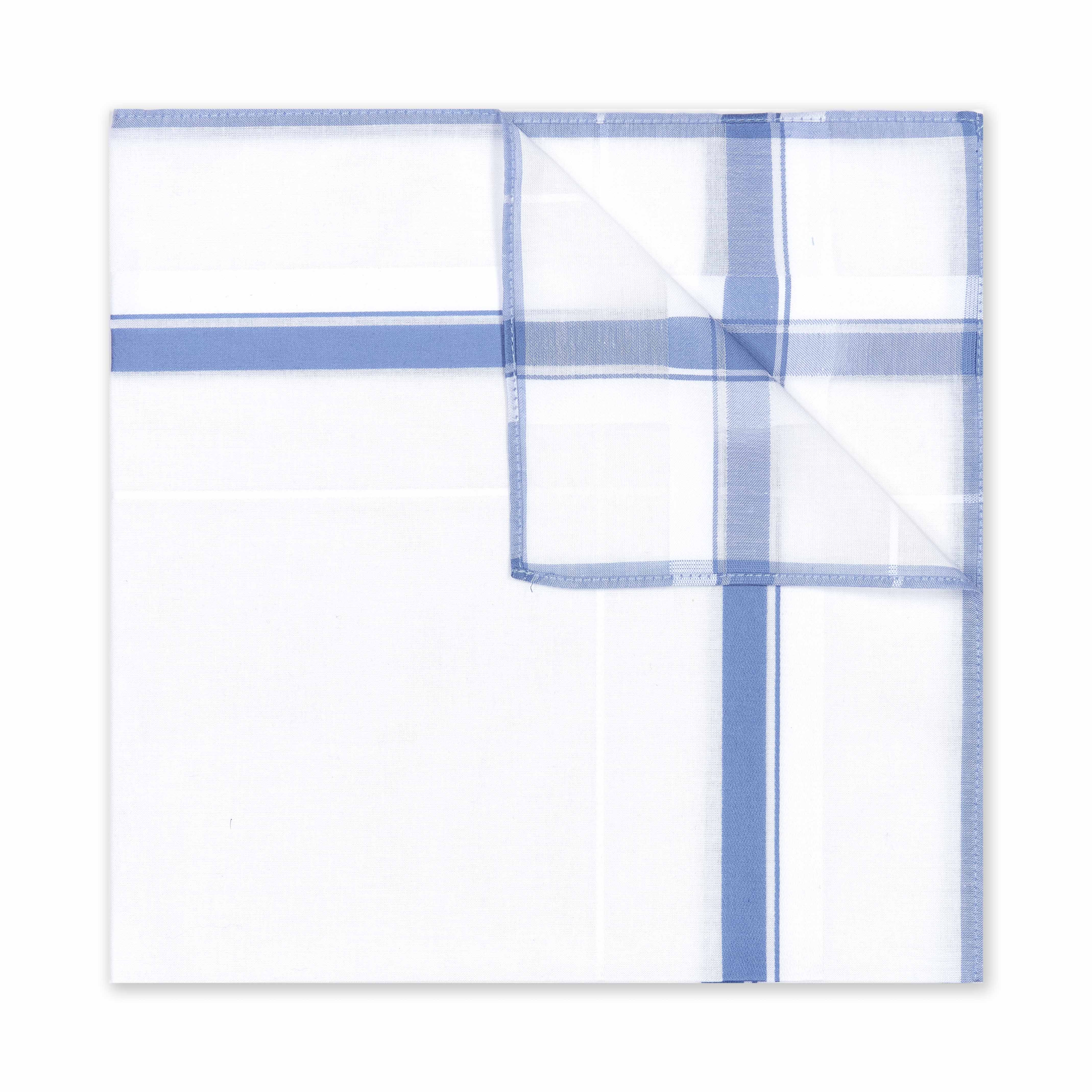 Contrast Check Border White Cotton Handkerchief in Cornflower