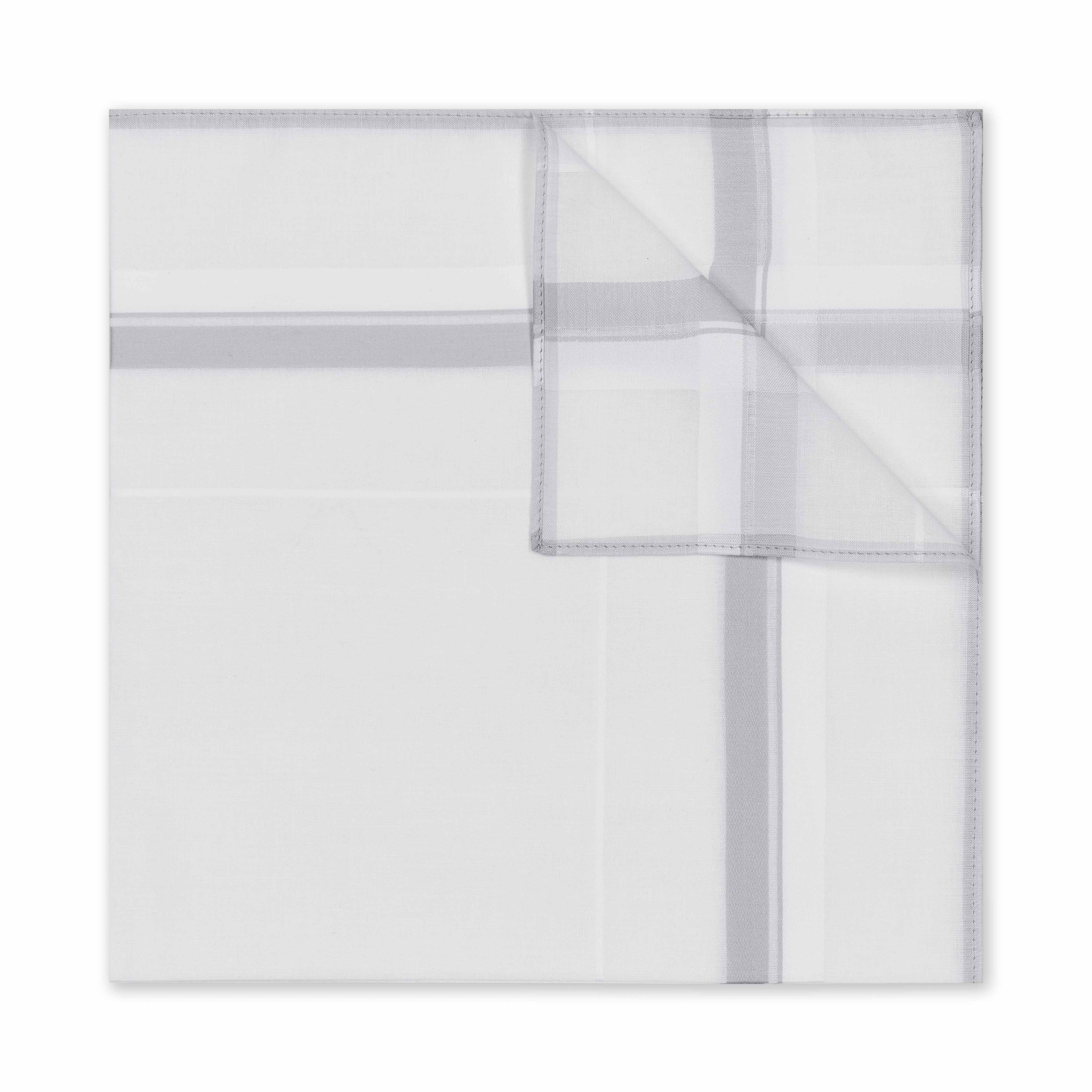 Contrast Check Border White Cotton Handkerchief in Silver