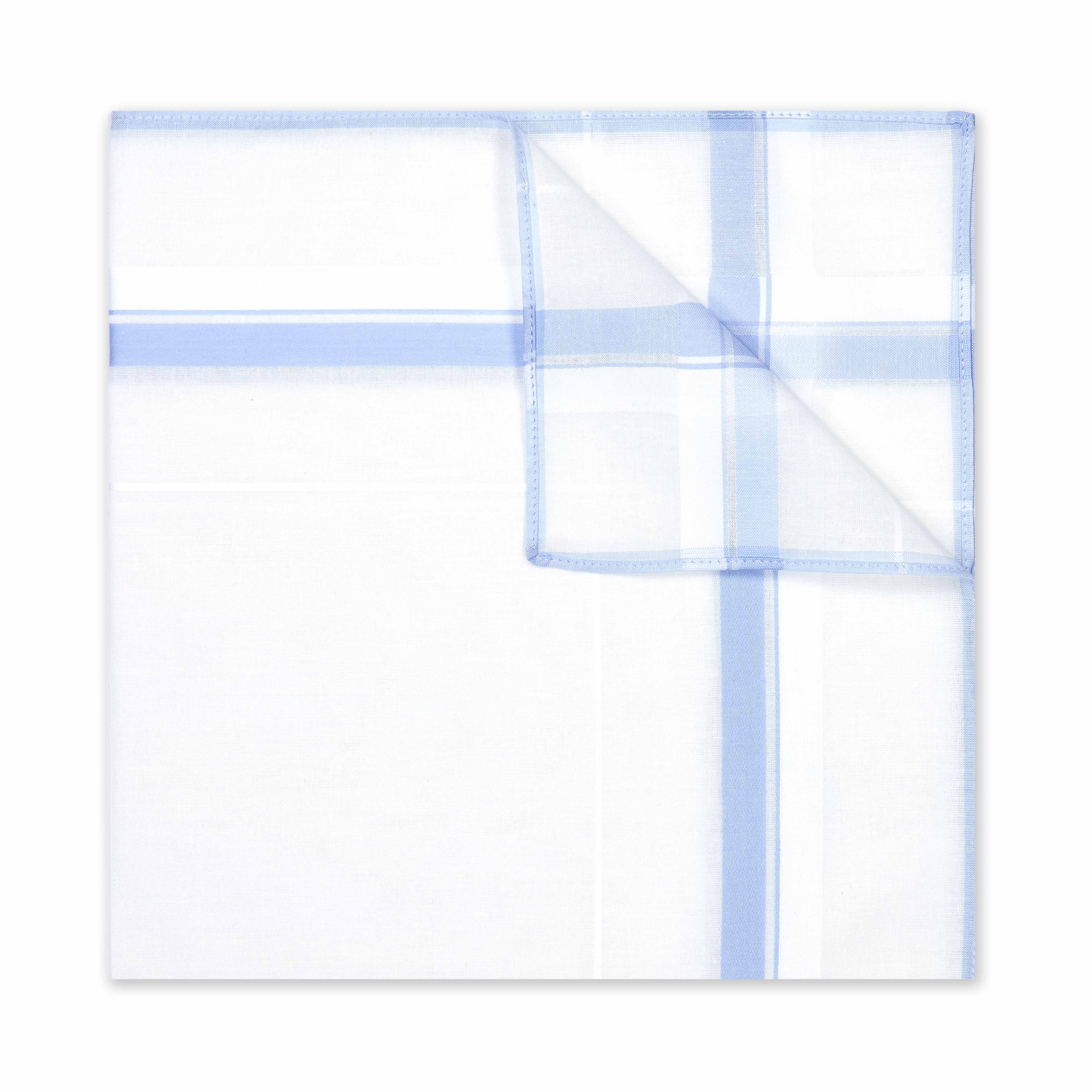 Contrast Check Border White Cotton Handkerchief in Sky Blue