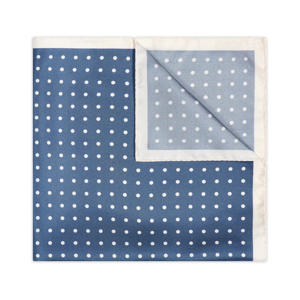 Contrast Edge Polka Dot Silk Twill Pocket Square in Butcher Blue