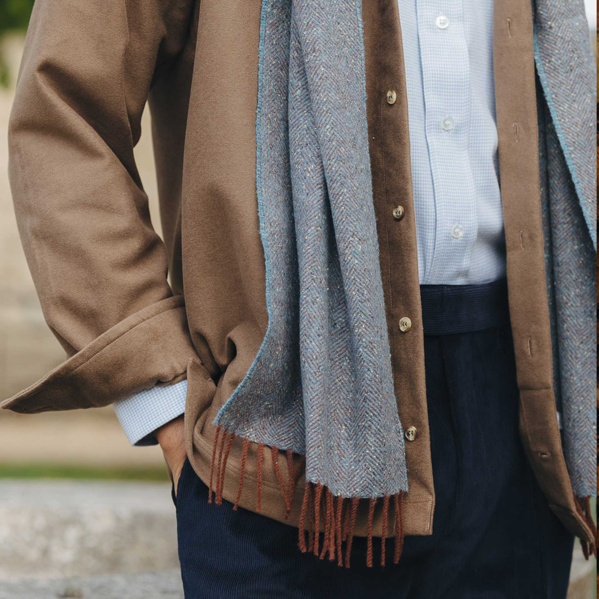 Donegal Herringbone Wool and Silk Scarf in Bramble Blue - Image 3