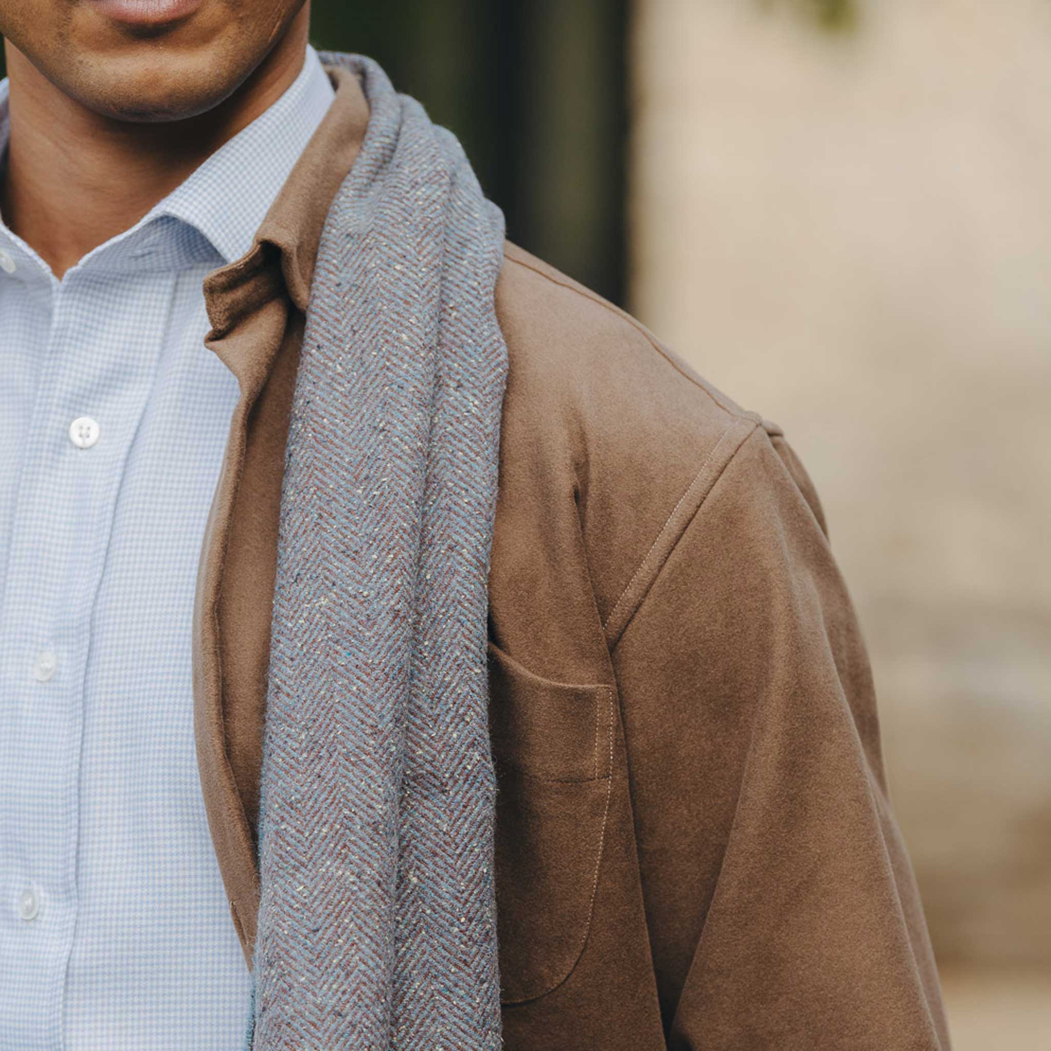 Donegal Herringbone Wool and Silk Scarf in Bramble Blue - Image 4
