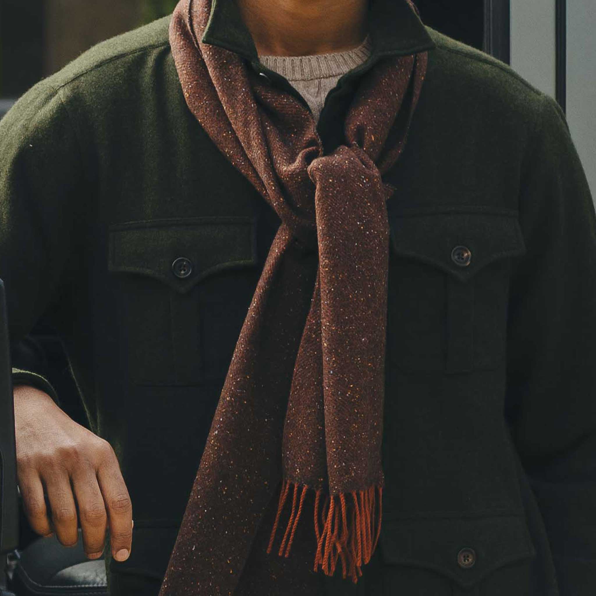 Donegal Herringbone Wool and Silk Scarf in Tawny Brown - Image 3