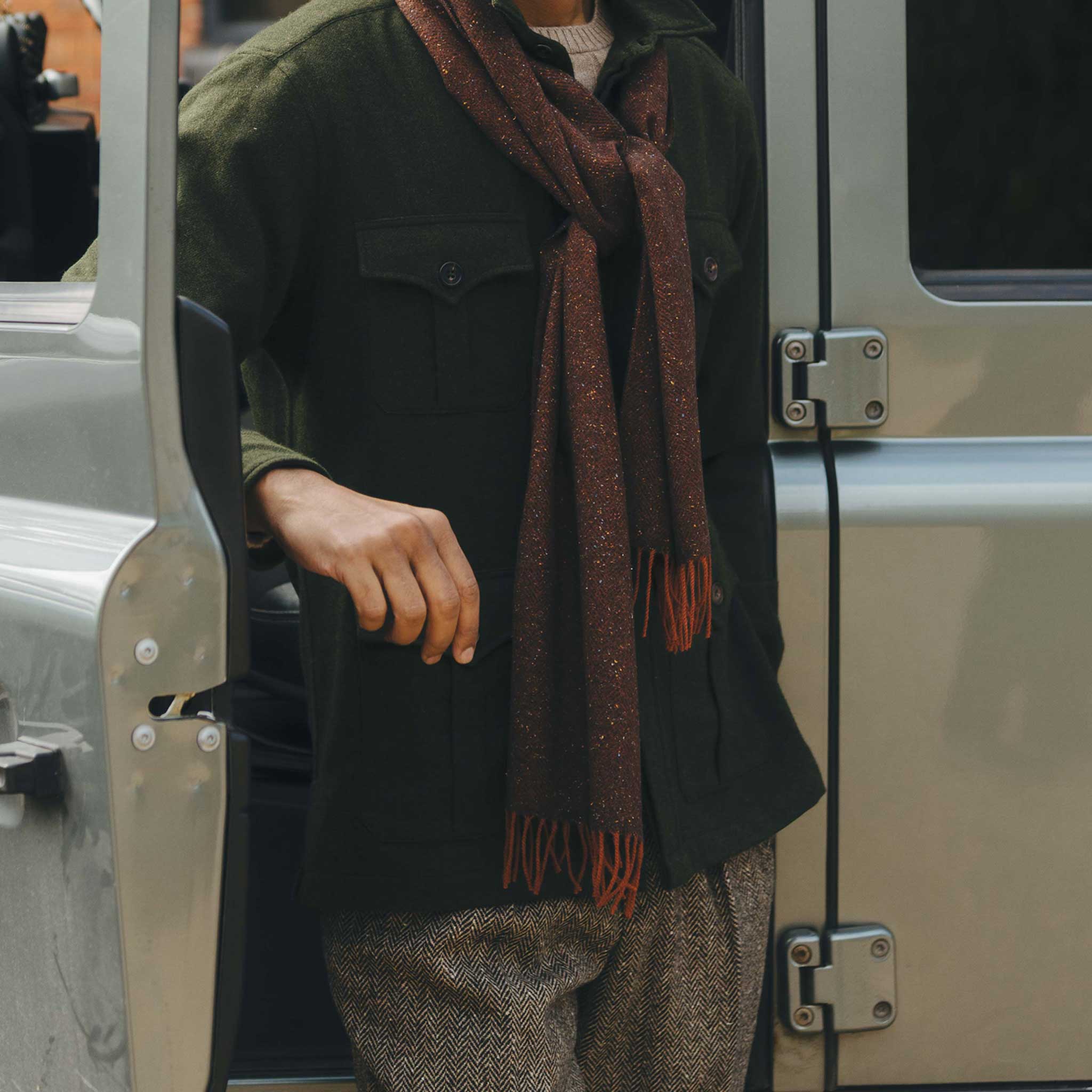 Donegal Herringbone Wool and Silk Scarf in Tawny Brown - Image 4