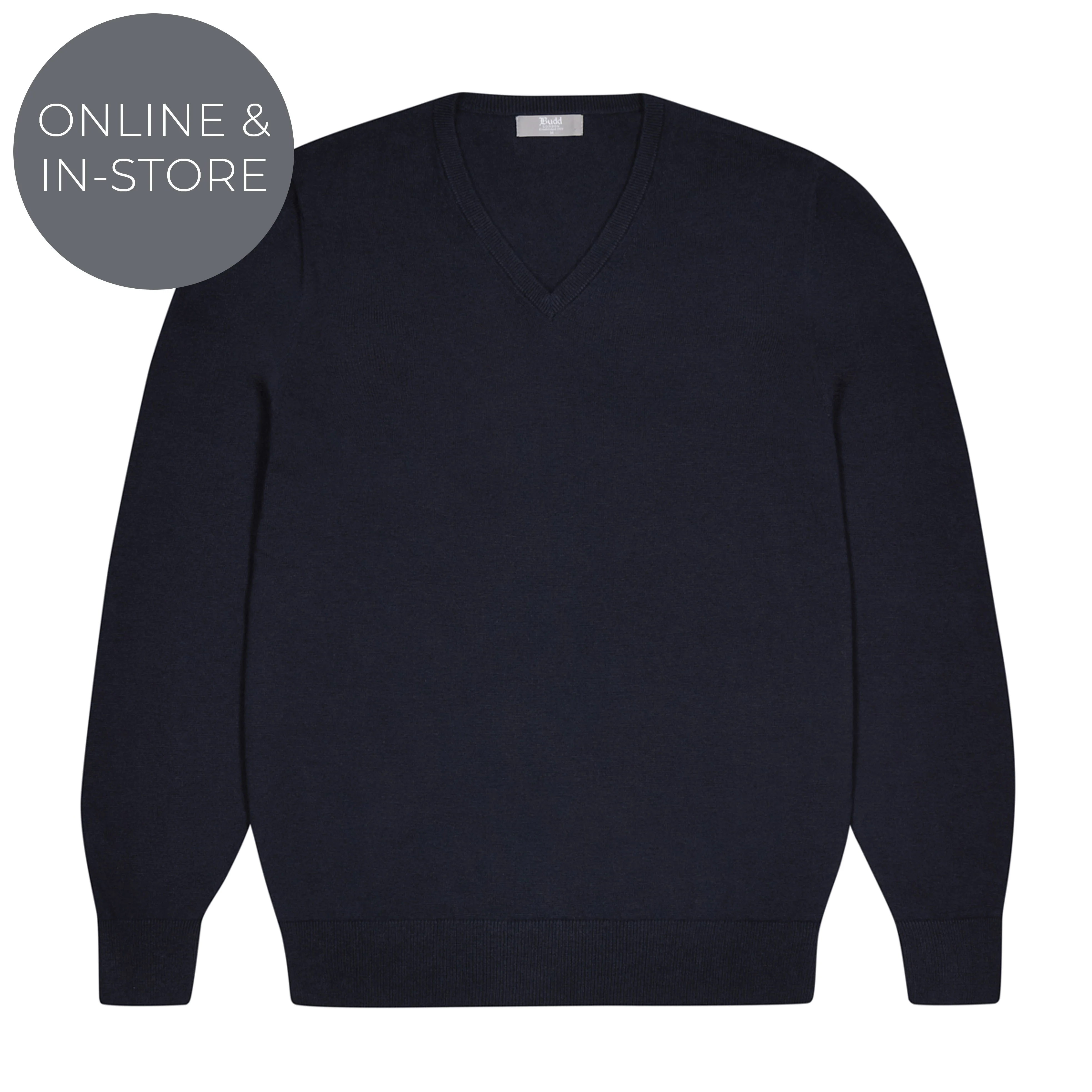 Drayton Cotton and Cashmere Fine Knit V-Neck Jumper in Navy