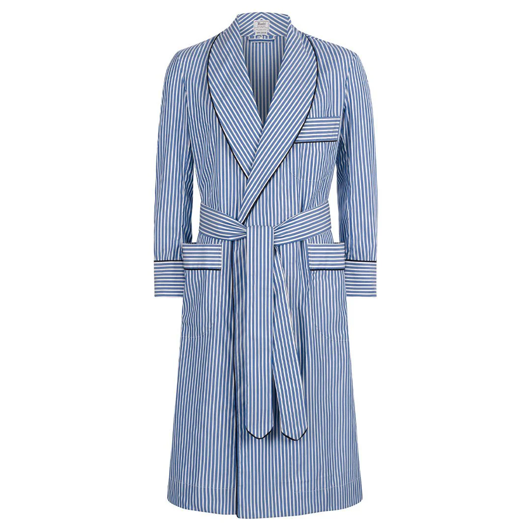 Exclusive Budd Stripe Cotton Dressing Gown in Edwardian Blue - Image 3