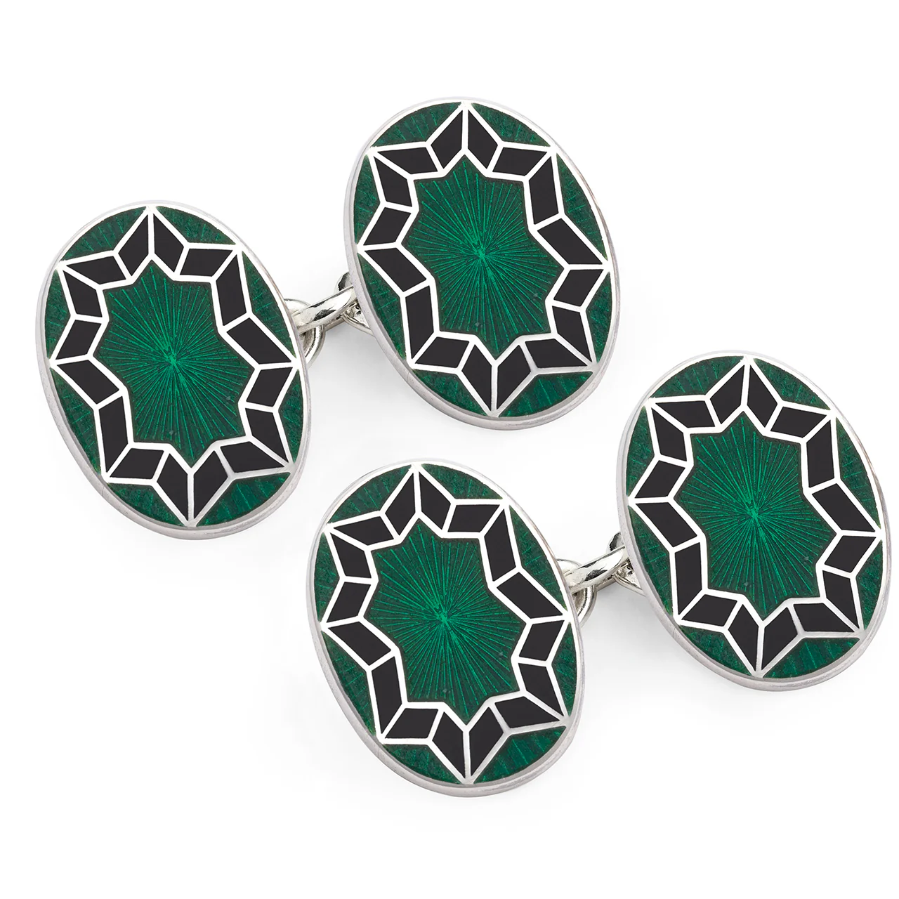 Funky Star Silver Cloisonne Chain Cufflinks in Green