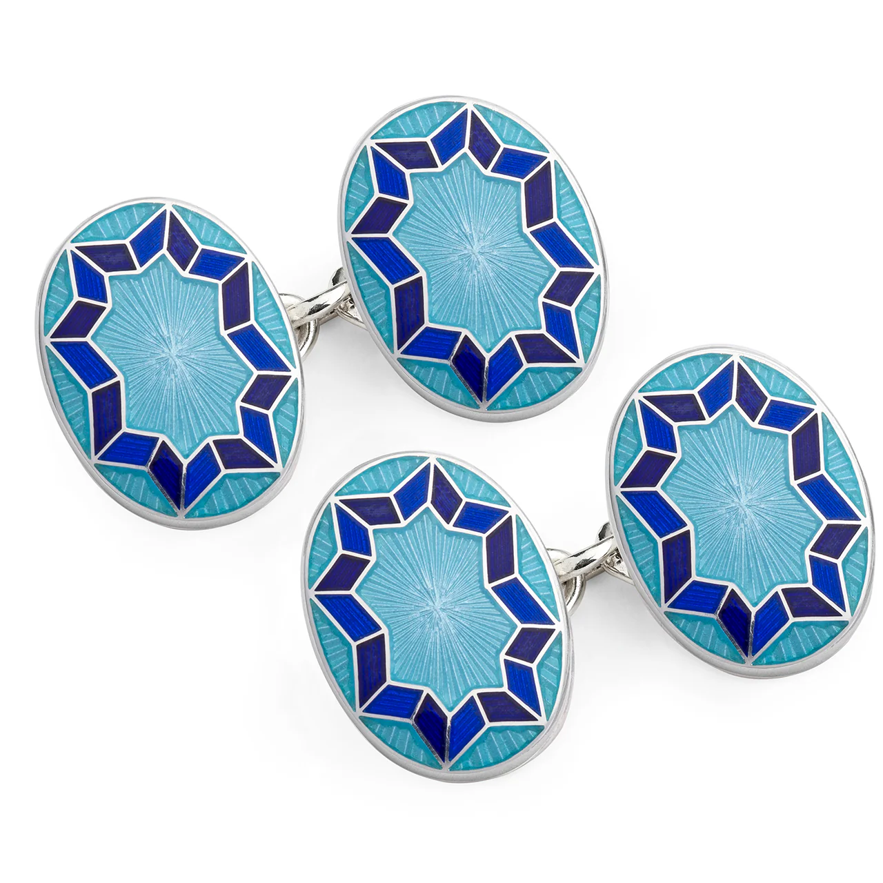 Funky Star Silver Cloisonne Chain Cufflinks in Sky Blue