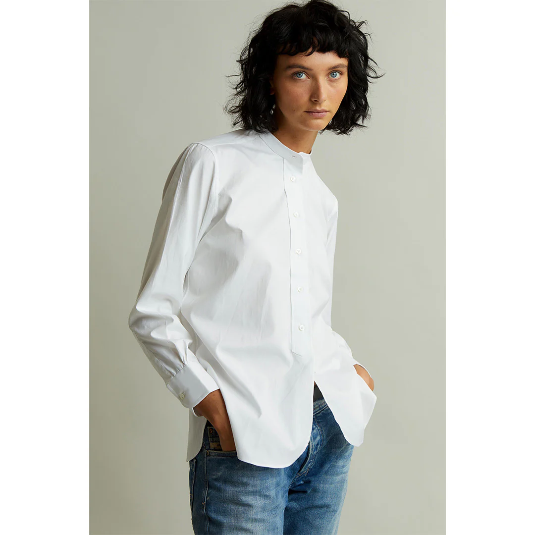 Grandad Pinpoint Button Cuff Shirt in White - Image 3