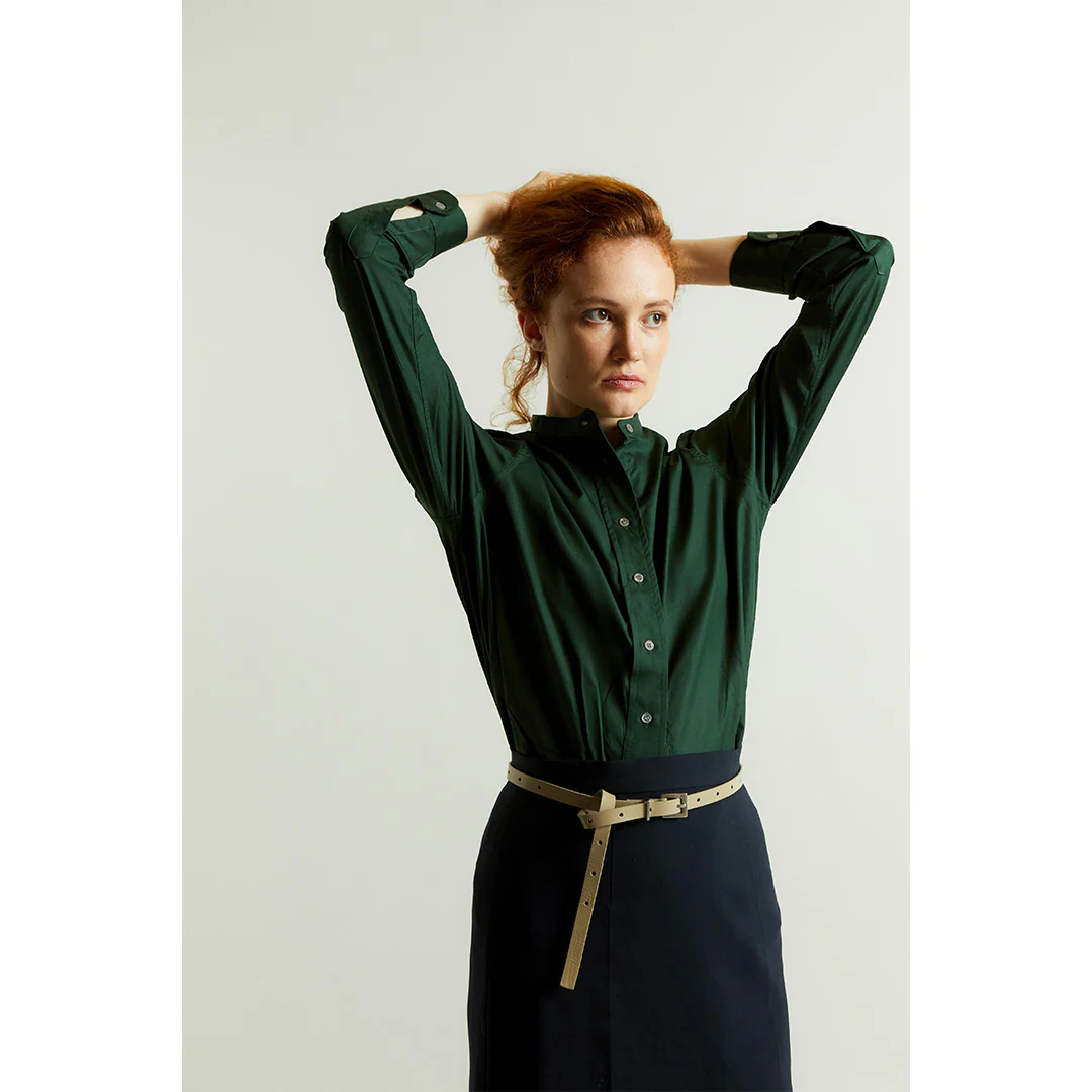 Grandad Superpoplin Button Cuff Shirt in Forest Green - Image 3