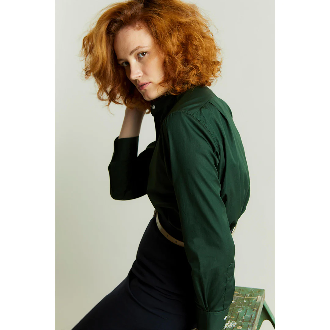 Grandad Superpoplin Button Cuff Shirt in Forest Green - Image 4