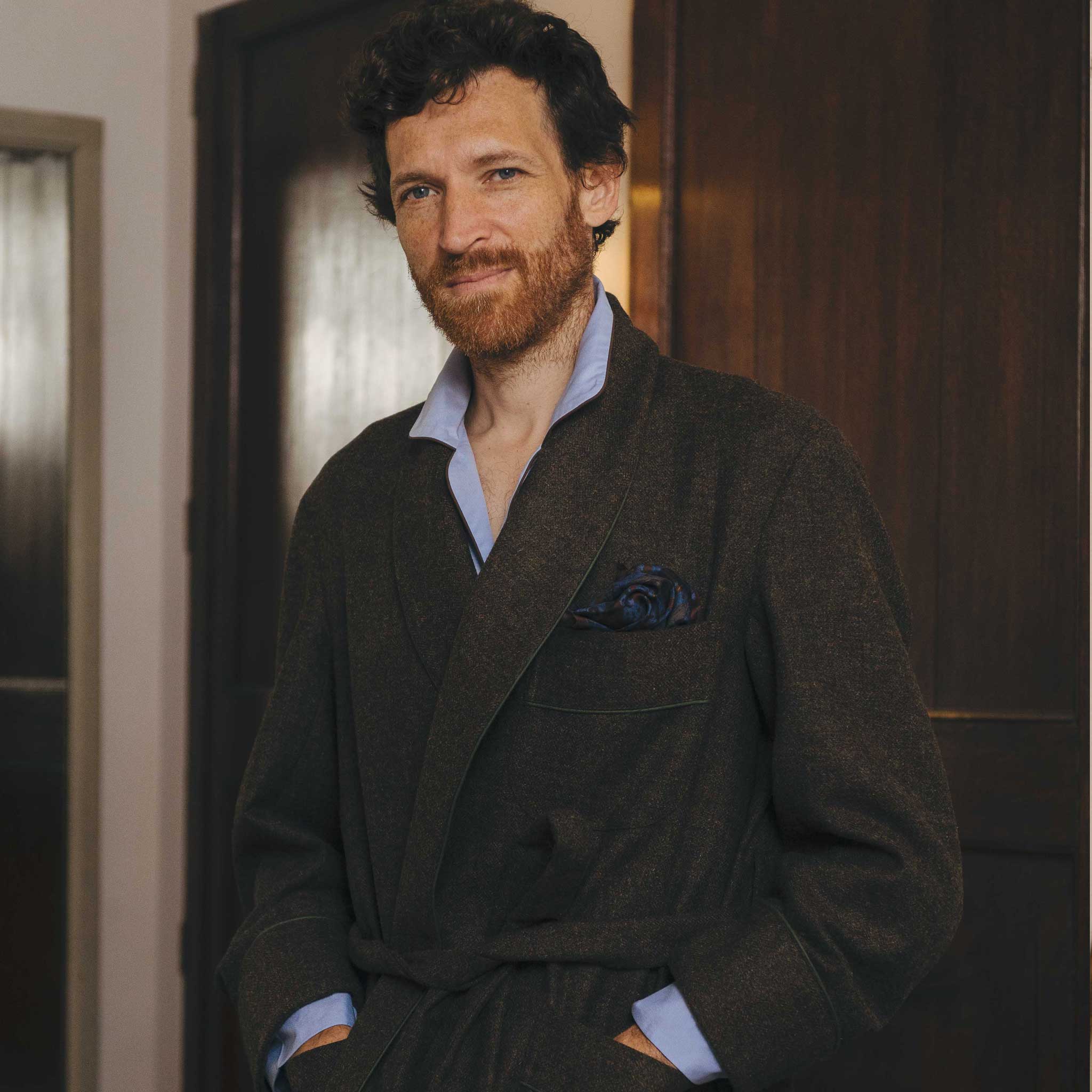 Heritage Tweed Silk Lined Dressing Gown in Chestnut Brown - Image 5