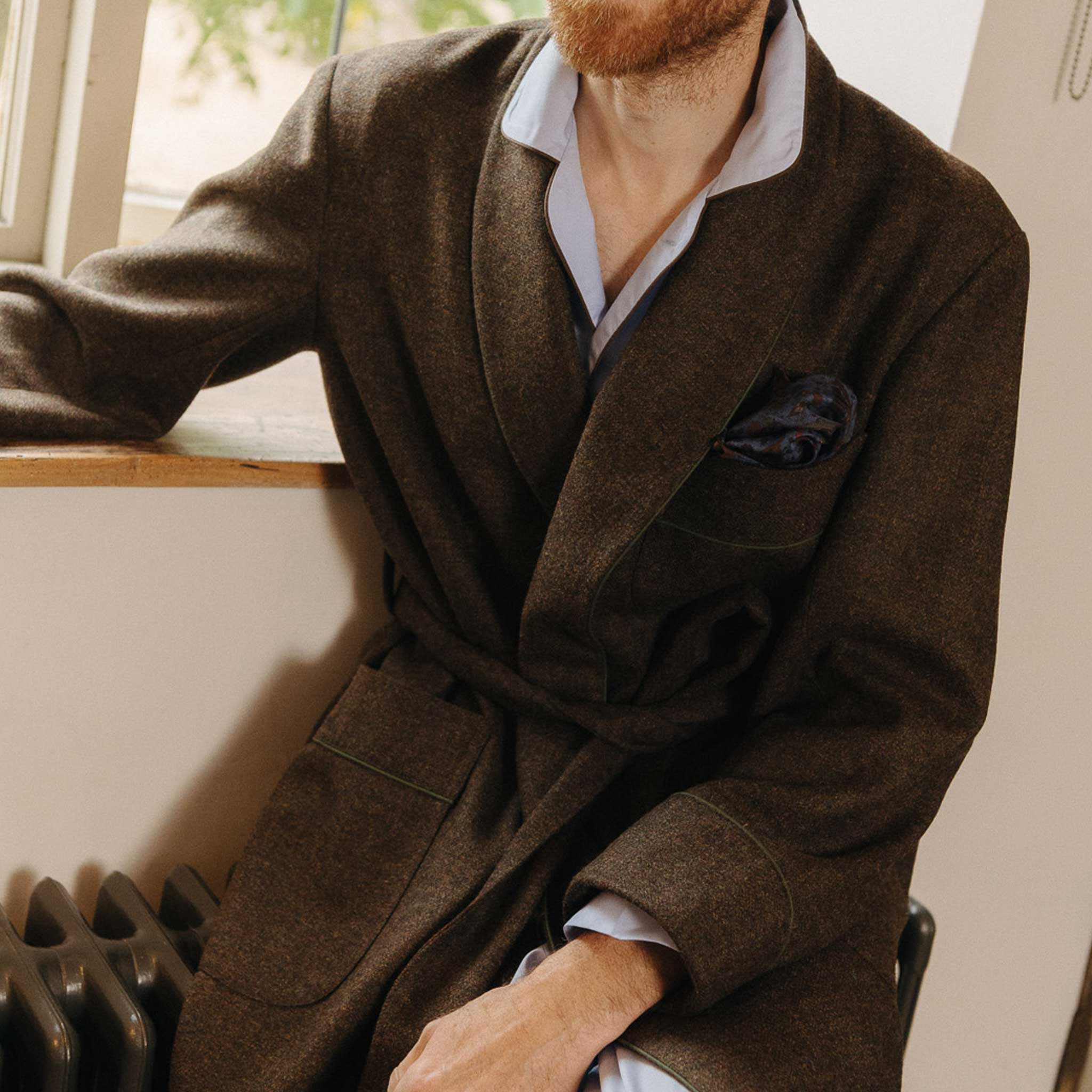 Heritage Tweed Silk Lined Dressing Gown in Chestnut Brown - Image 6