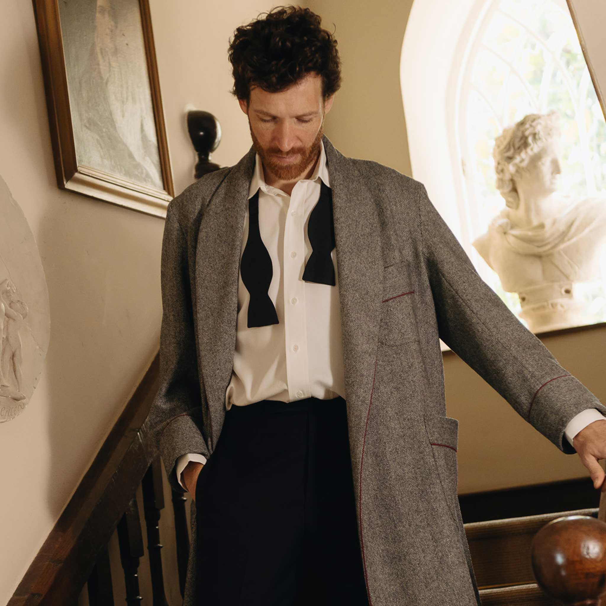 Heritage Tweed Silk Lined Dressing Gown in Smoke Grey - Image 5
