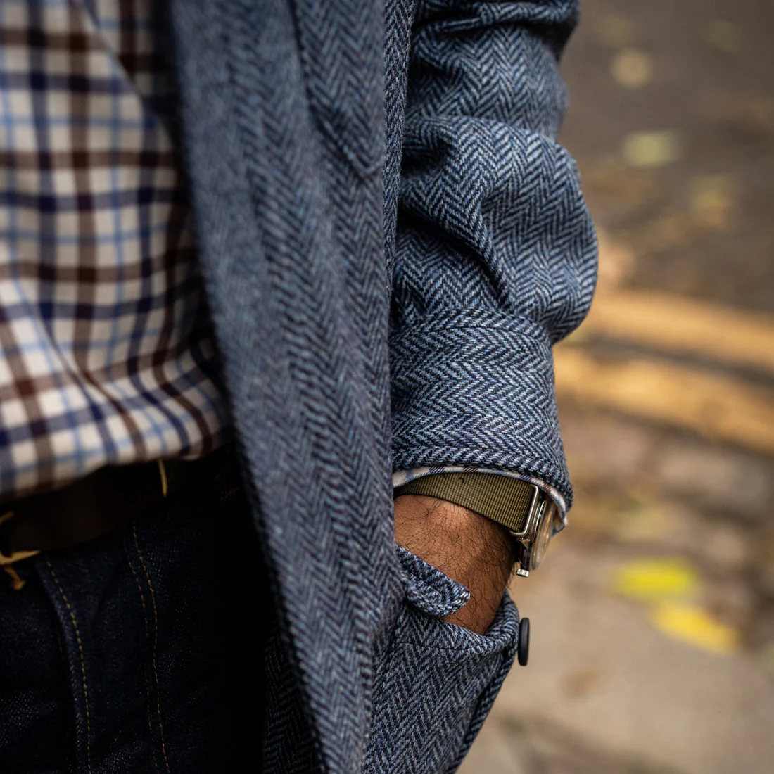 Herringbone Wool Tweed Button Cuff Safari Shirt in Blue - Image 4