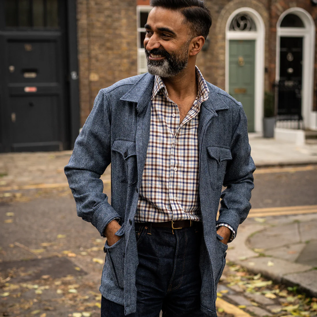 Herringbone Wool Tweed Button Cuff Safari Shirt in Blue - Image 6